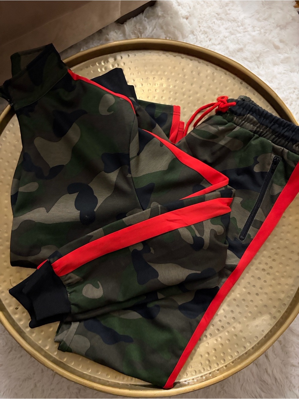 Camouflage Bomber Jacket/Joggers set with Red Stripe Trim